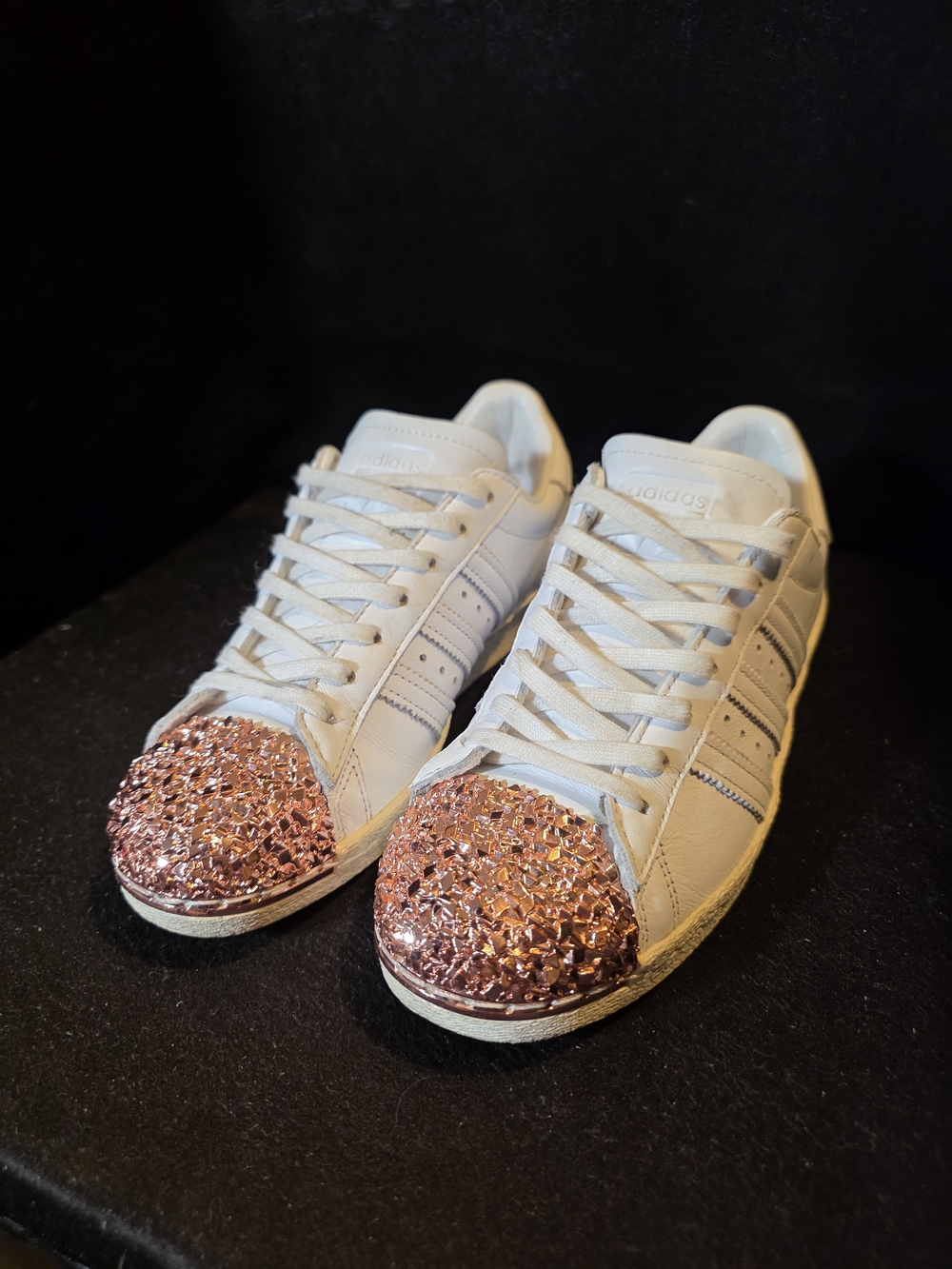 White Mens Low-Top Sneakers with Rose Gold Glitter Toe Size 7.5 - Picture 4 of 9